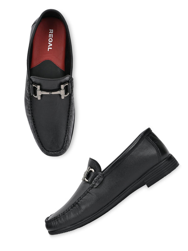 Regal Black Men Leather Buckled Slip Ons