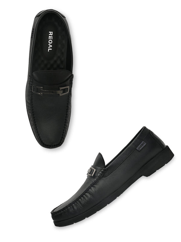 Regal Black Men Casual Leather Buckled Slip Ons