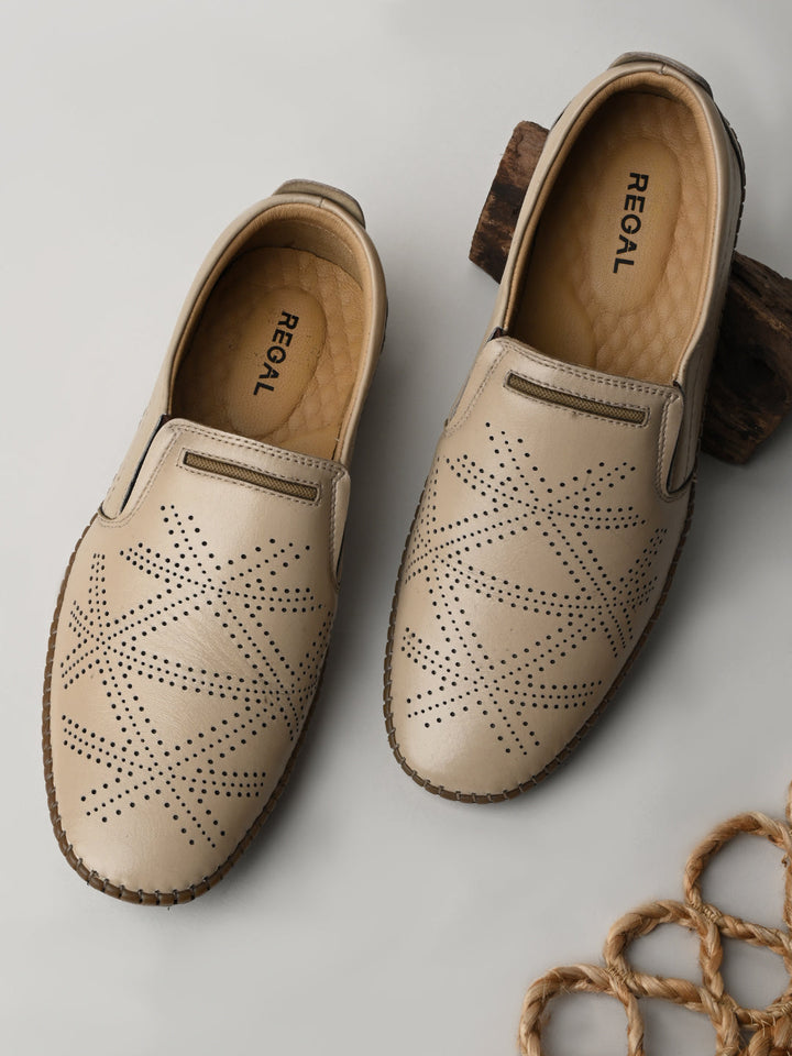 Regal Beige Men Casual Laser Cut Slip Ons
