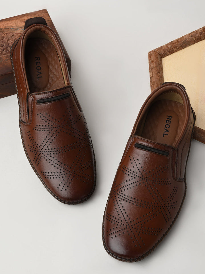 Regal Tan Men Casual Laser Cut Slip Ons