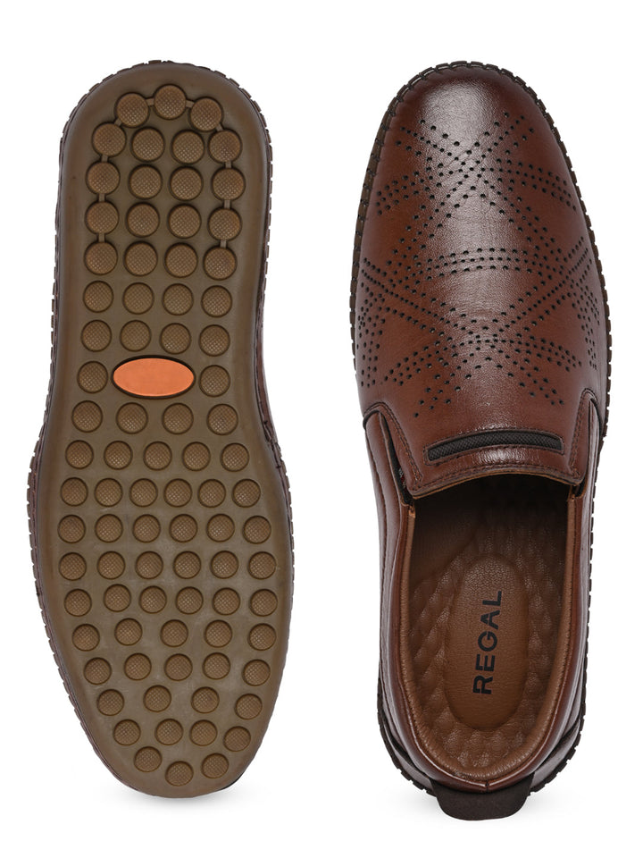 Regal Tan Men Casual Laser Cut Slip Ons
