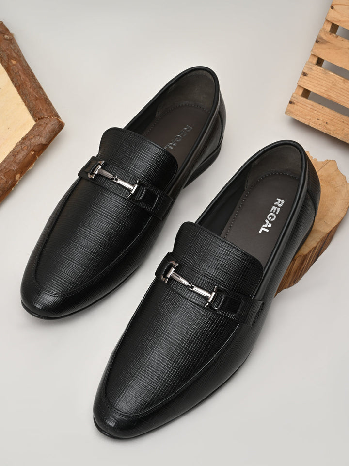 Regal Black Mens Textured Leather Buckled Slip Ons