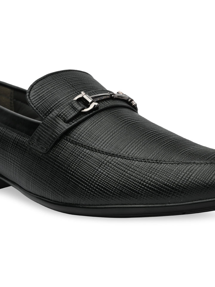 Regal Black Mens Textured Leather Buckled Slip Ons
