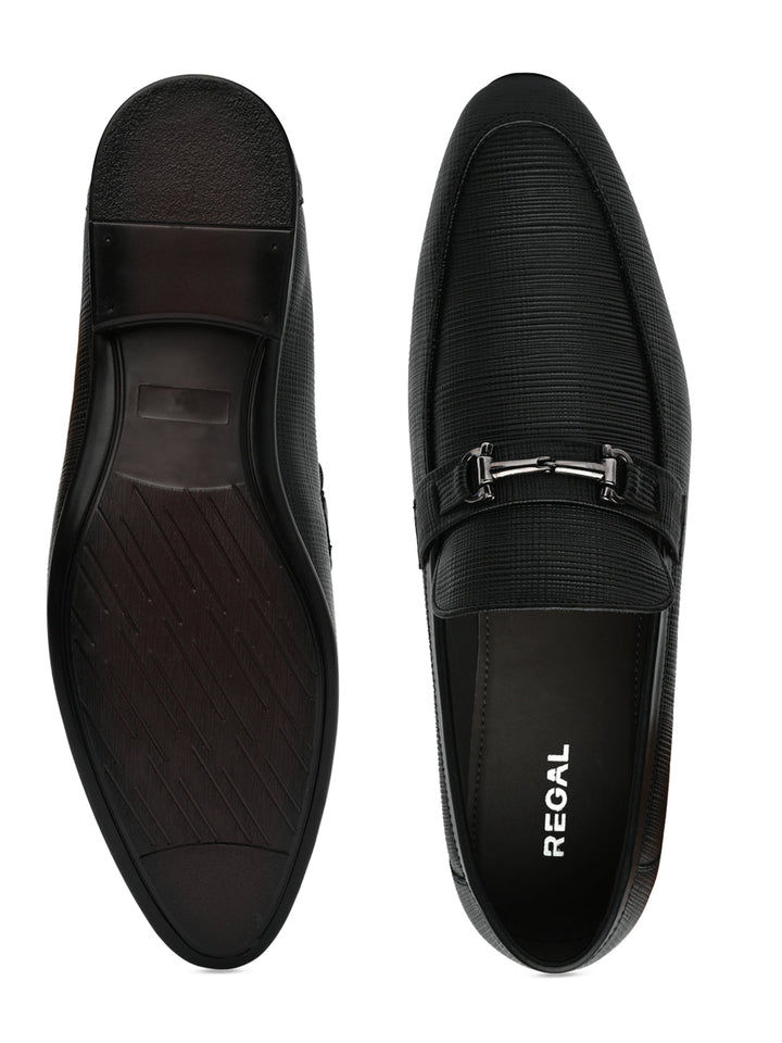Regal Black Mens Textured Leather Buckled Slip Ons