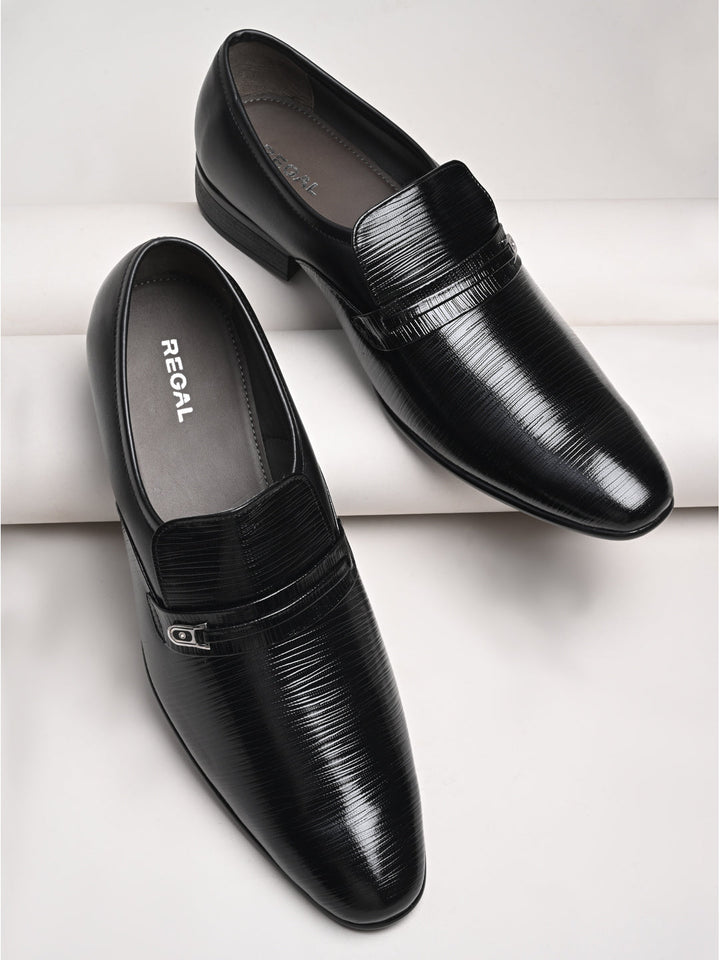 Regal Black Men Textured Patent Slip Ons