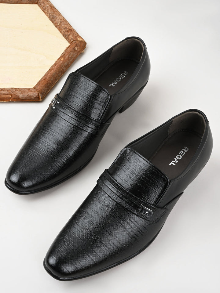 Regal Black Men Textured Leather Formal Slip Ons