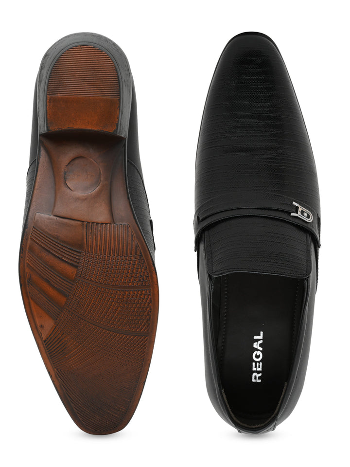 Regal Black Men Textured Leather Formal Slip Ons