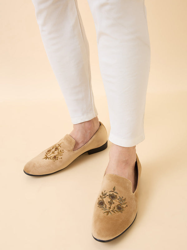 Regal Beige Men Embroidered Suede Loafers