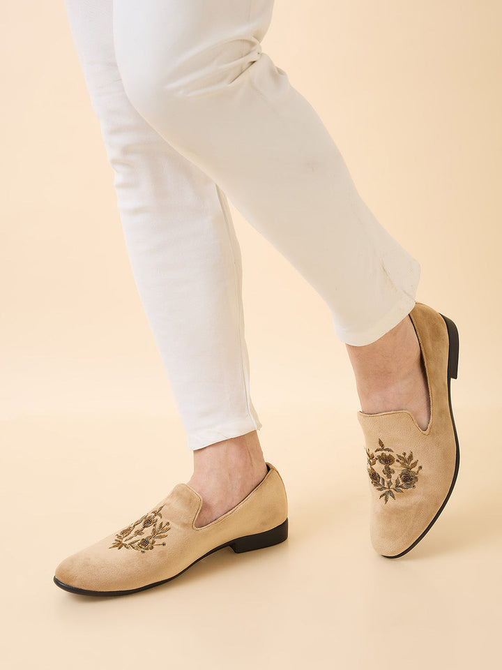 Regal Beige Men Embroidered Suede Loafers