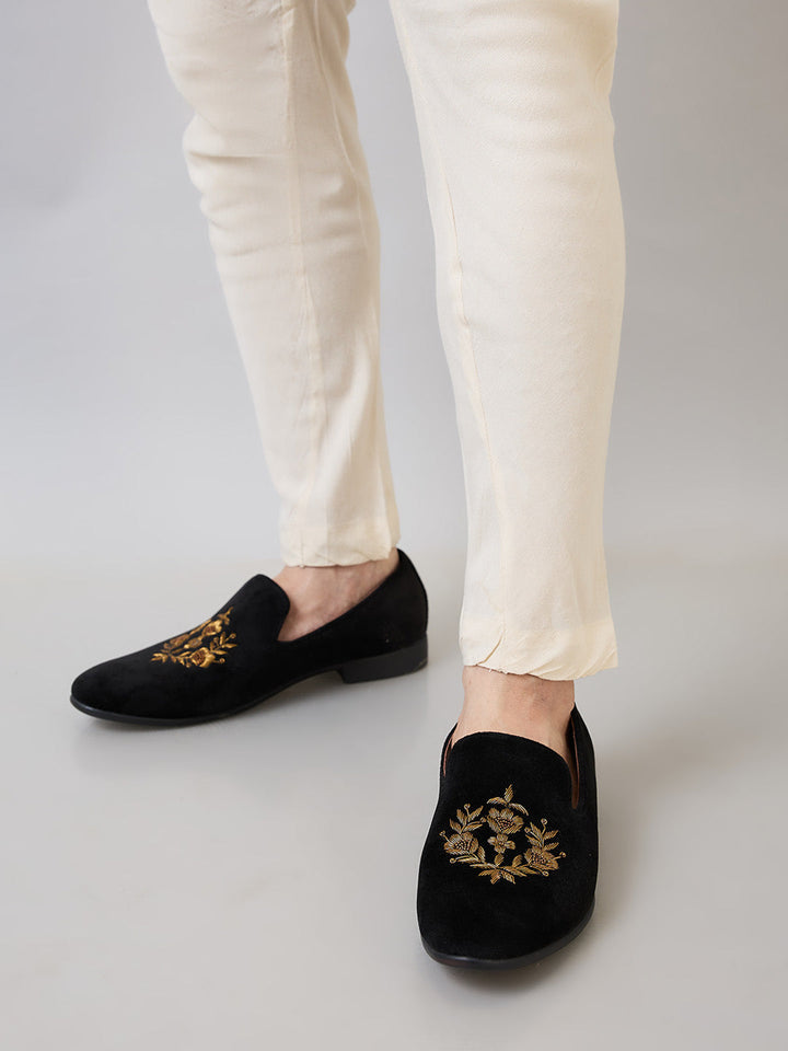 Regal Black Men Embroidered Suede Loafers