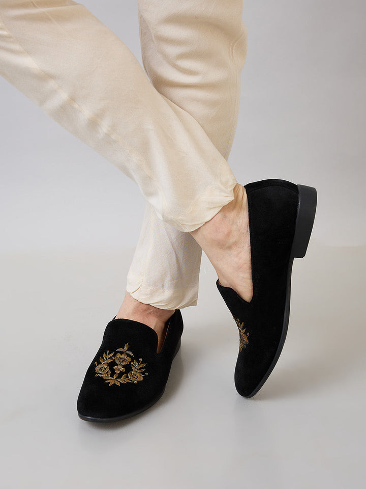 Regal Black Men Embroidered Suede Loafers