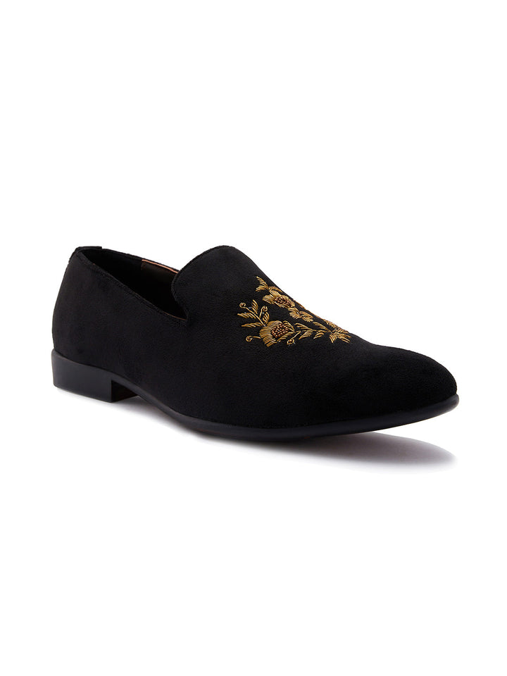 Regal Black Men Embroidered Suede Loafers