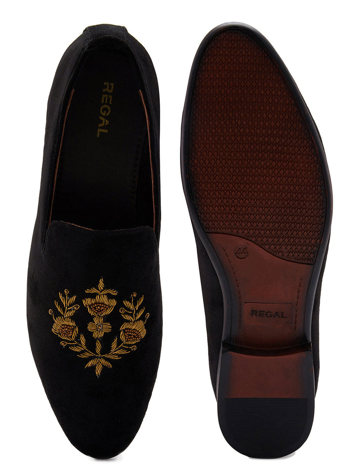 Regal Black Men Embroidered Suede Loafers