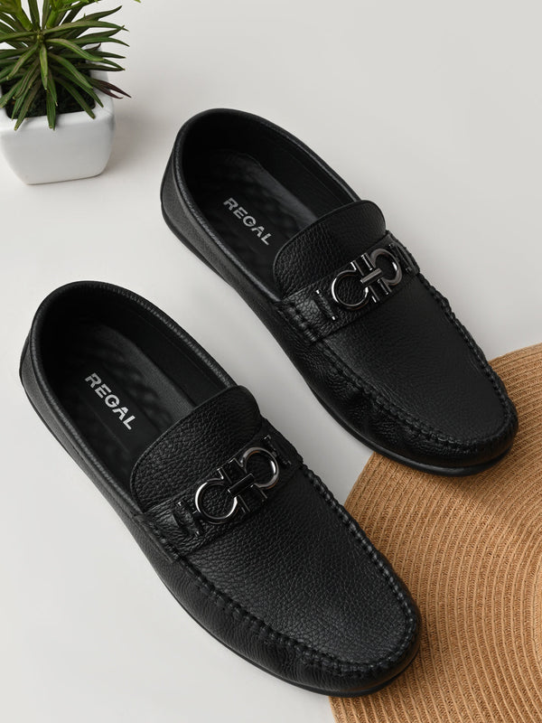 Regal Black Men Casual Leather Buckled Loafers