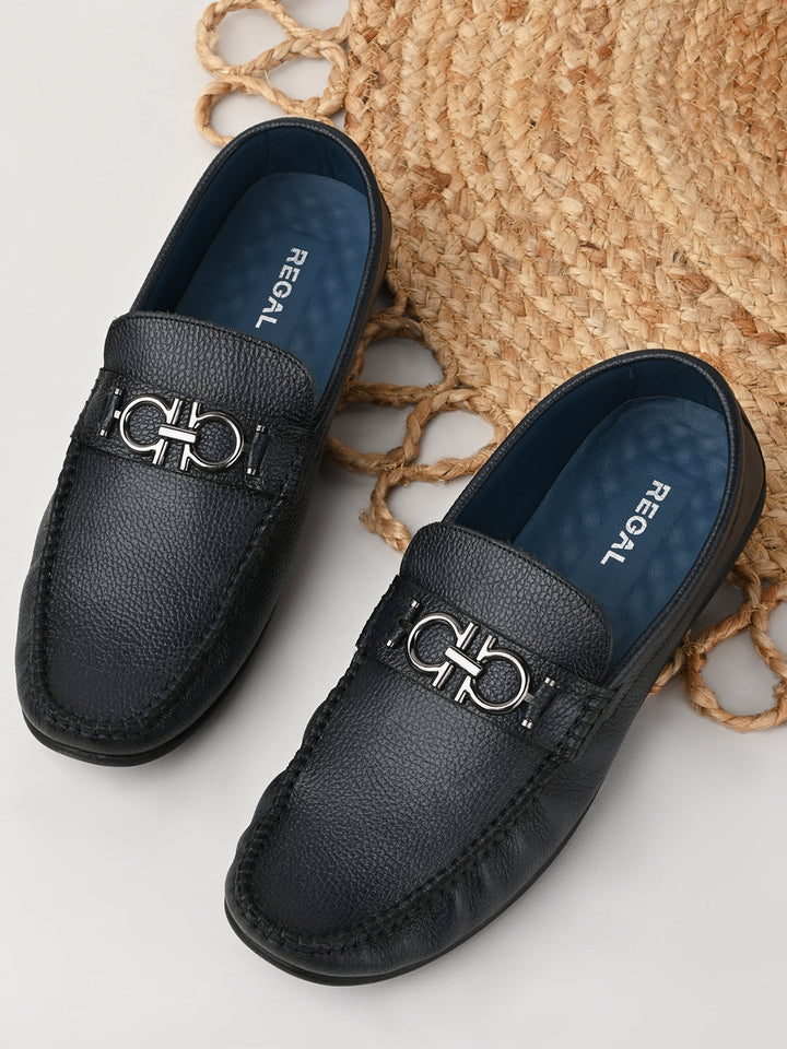 Regal Blue Men Casual Leather Buckled Loafers