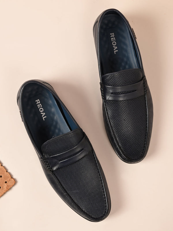 Regal Blue Men Textured Leather Saddled Slip Ons