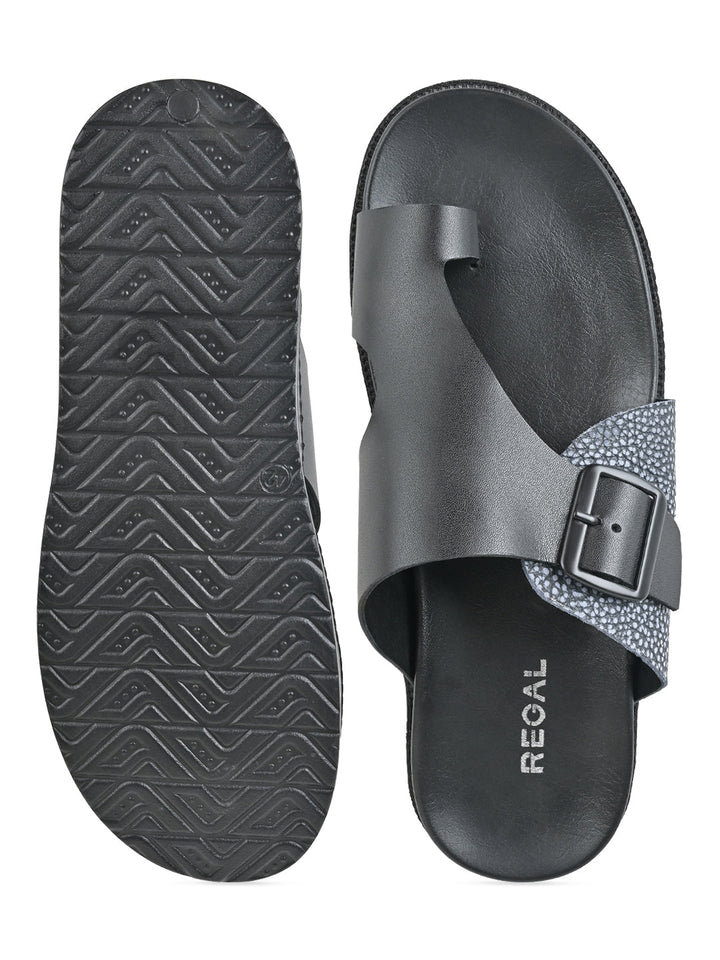 Regal Black Men Casual One Toe Leather Sandals