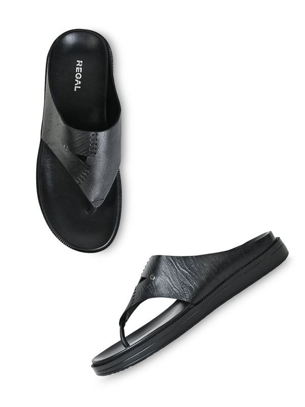 Regal Black Men Casual Textured Leather Sandals