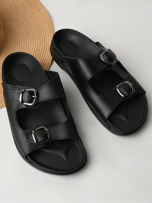 Regal Black Men Textured Leather Sandals