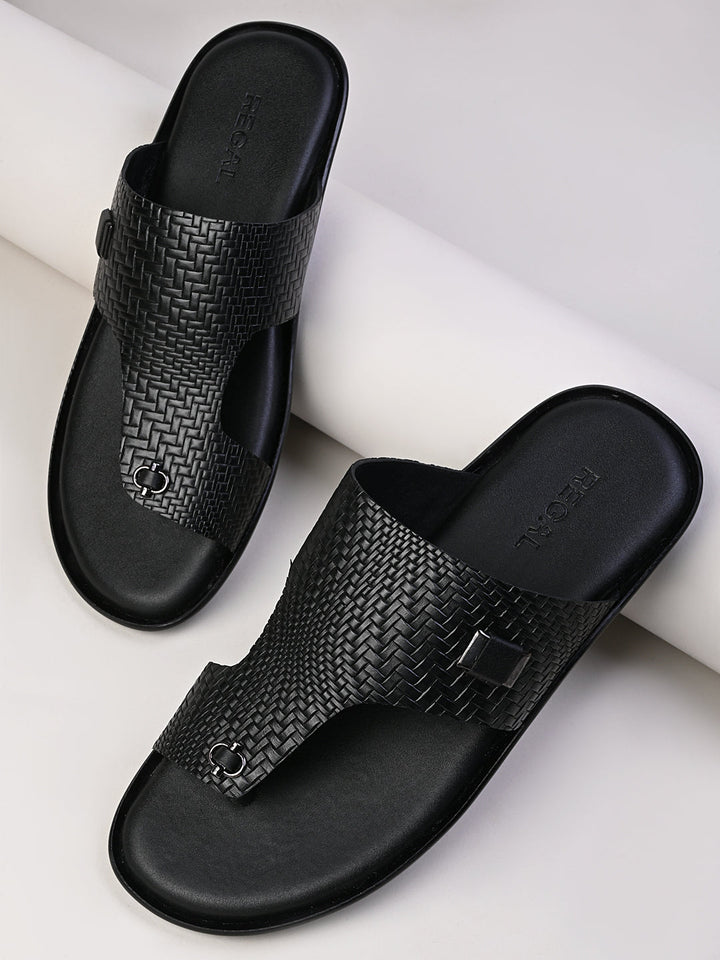 Regal Black Men Leather Woven Sandals