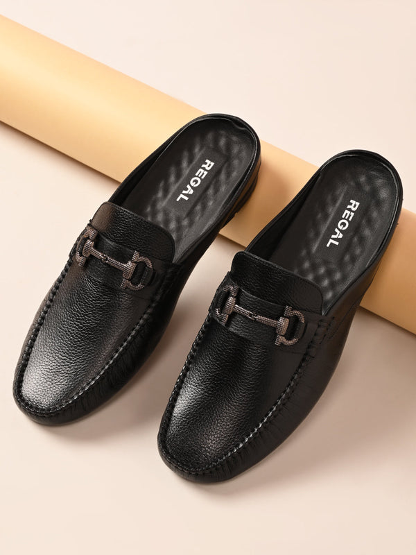 Regal Black Men Leather Buckled Mules