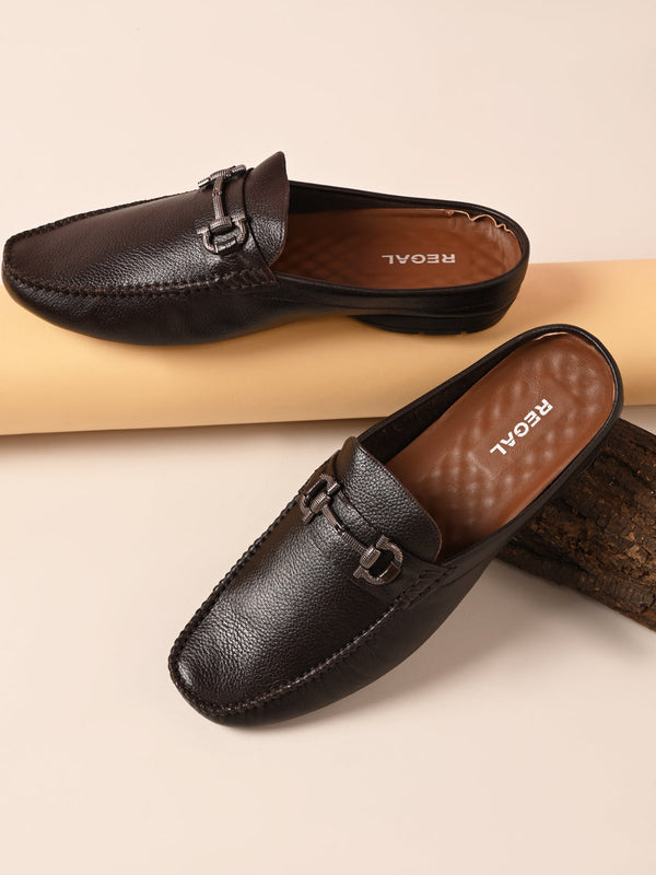 Regal Brown Men Leather Buckled Mules