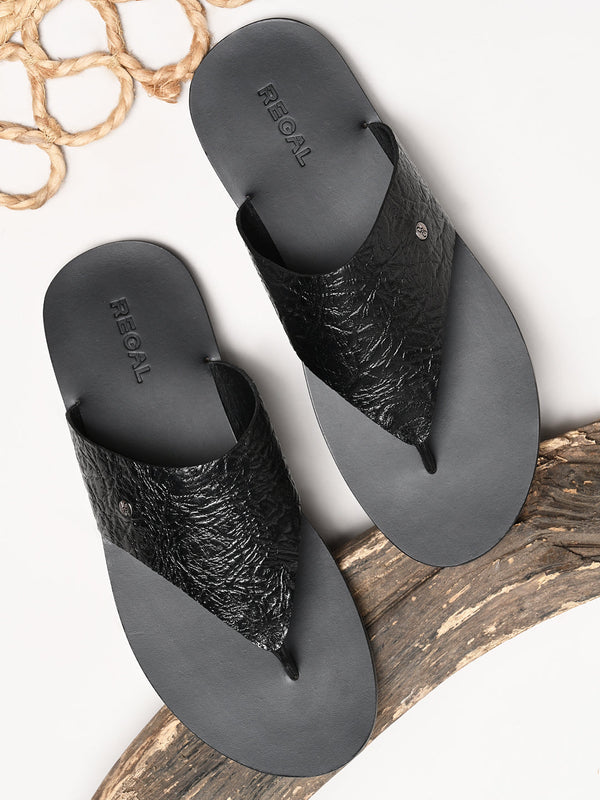 Regal Black Men Textured Leather Sandals