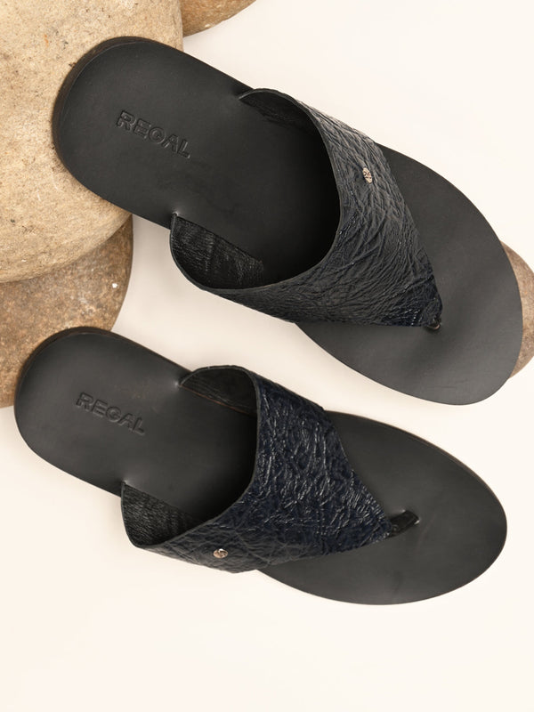 Regal Blue Men Textured Leather Sandals