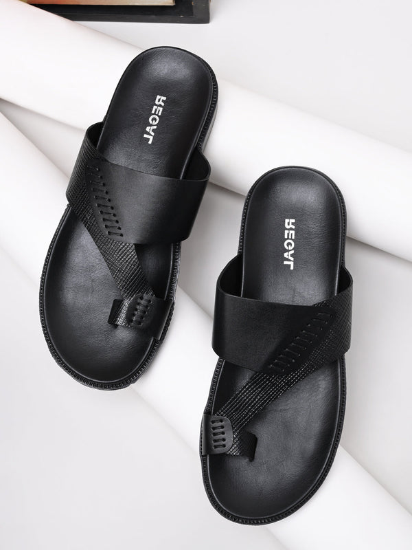 Regal Black Men Textured Leather Sandals