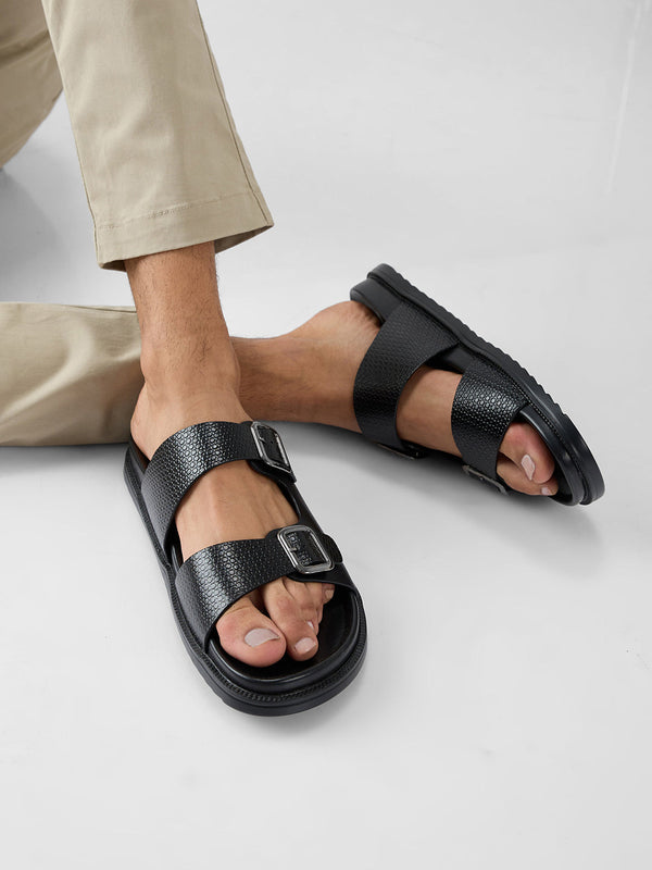 Regal Black Men Smart Casual Textured Leather Sandals