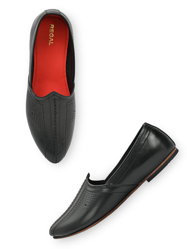 Regal Black Men Leather Laser Cut Jutties