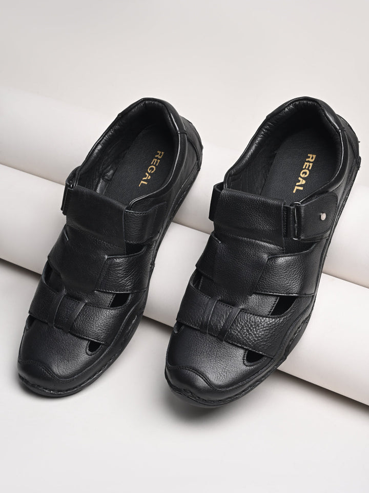 Regal Black Men Leather Casual Fisherman Sandals