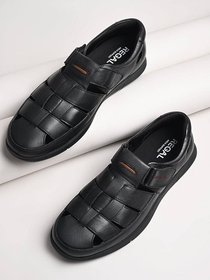 Regal Black Men Leather Casual Fisherman Sandals