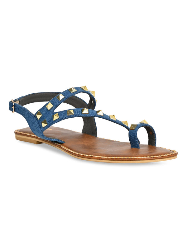 Rocia By Regal Denim Blue Women Studded Flat Sandals