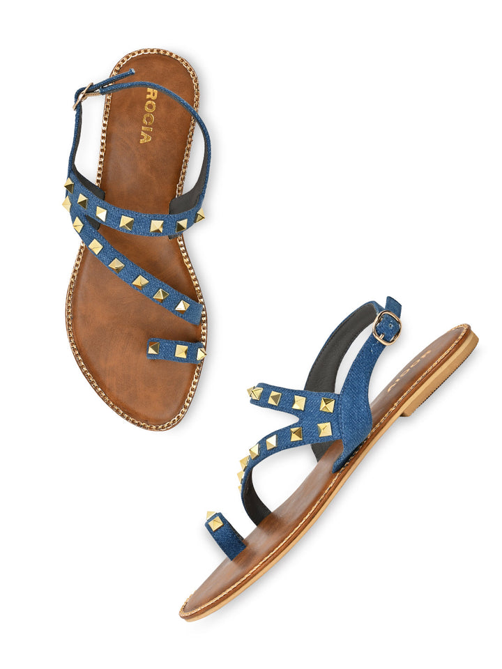 Rocia By Regal Denim Blue Women Studded Flat Sandals