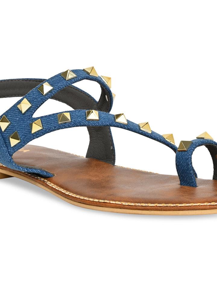 Rocia By Regal Denim Blue Women Studded Flat Sandals