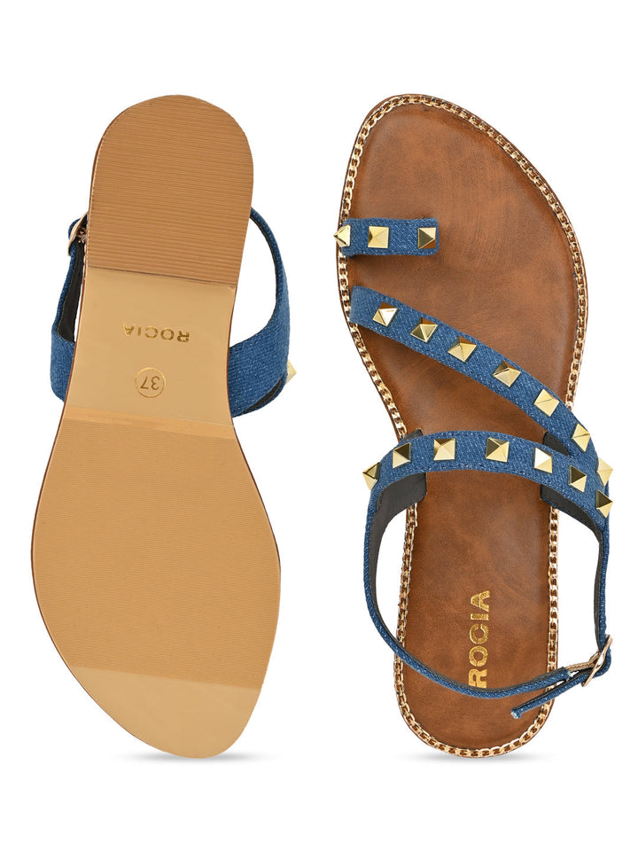 Rocia By Regal Denim Blue Women Studded Flat Sandals