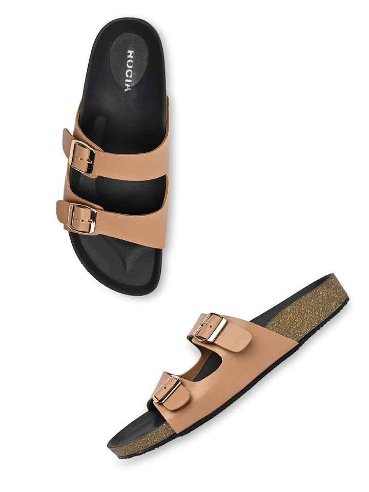 Rocia By Regal Beige Women Open Toe Double Strap Flats