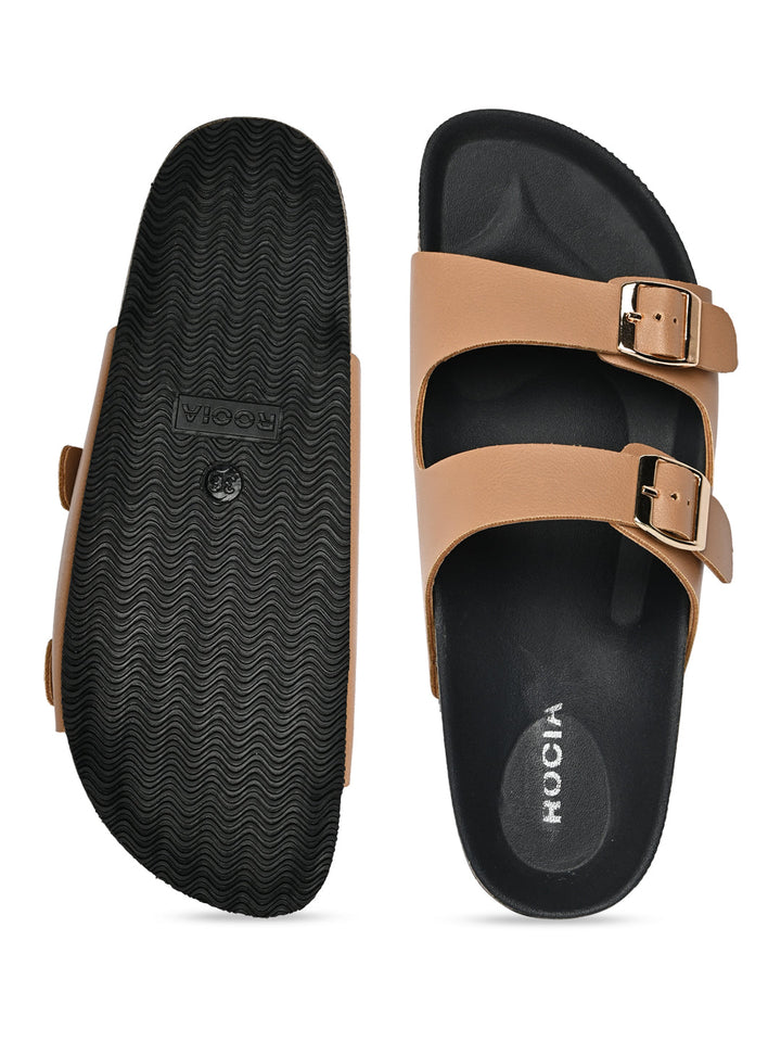 Rocia By Regal Beige Women Open Toe Double Strap Flats