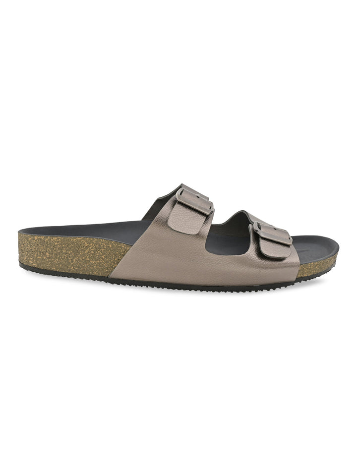Rocia By Regal Gun Metal Women Open Toe Double Strap Flats