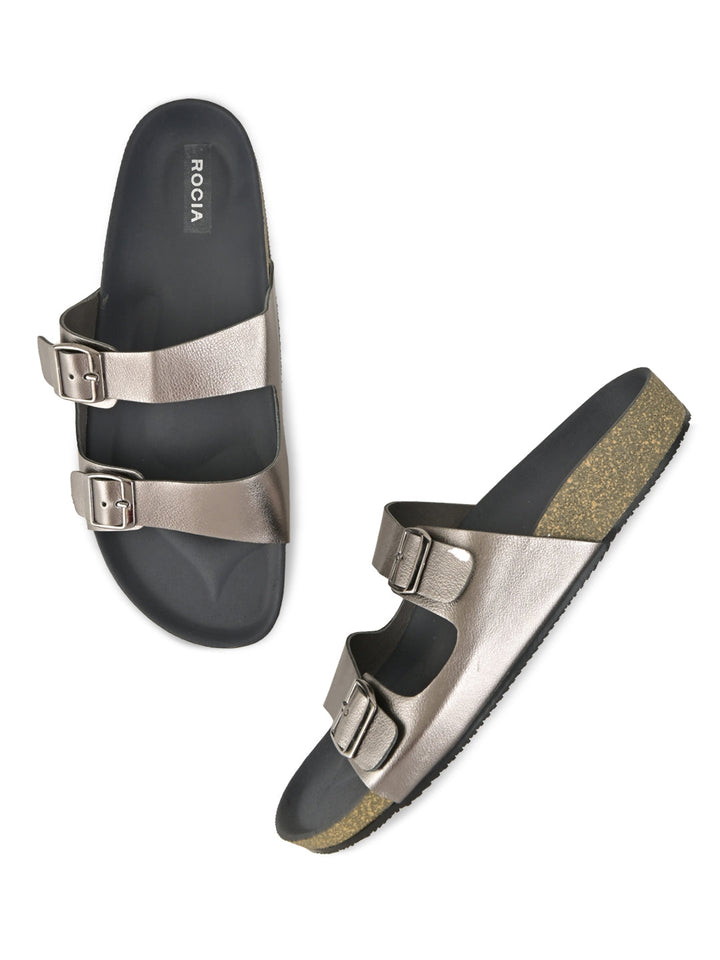 Rocia By Regal Gun Metal Women Open Toe Double Strap Flats