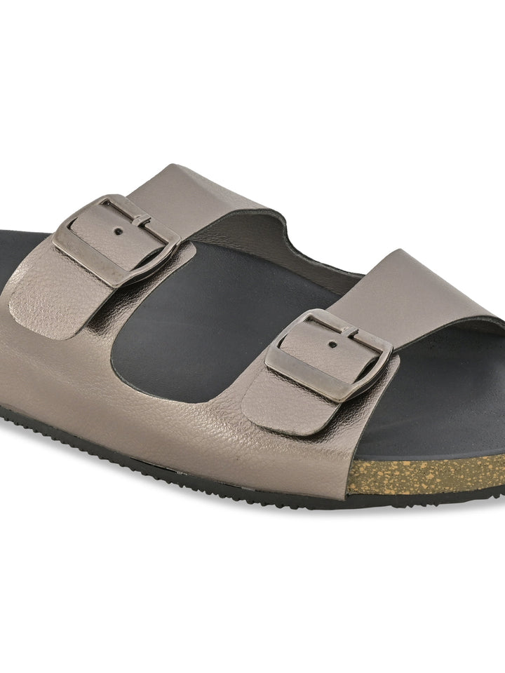 Rocia By Regal Gun Metal Women Open Toe Double Strap Flats