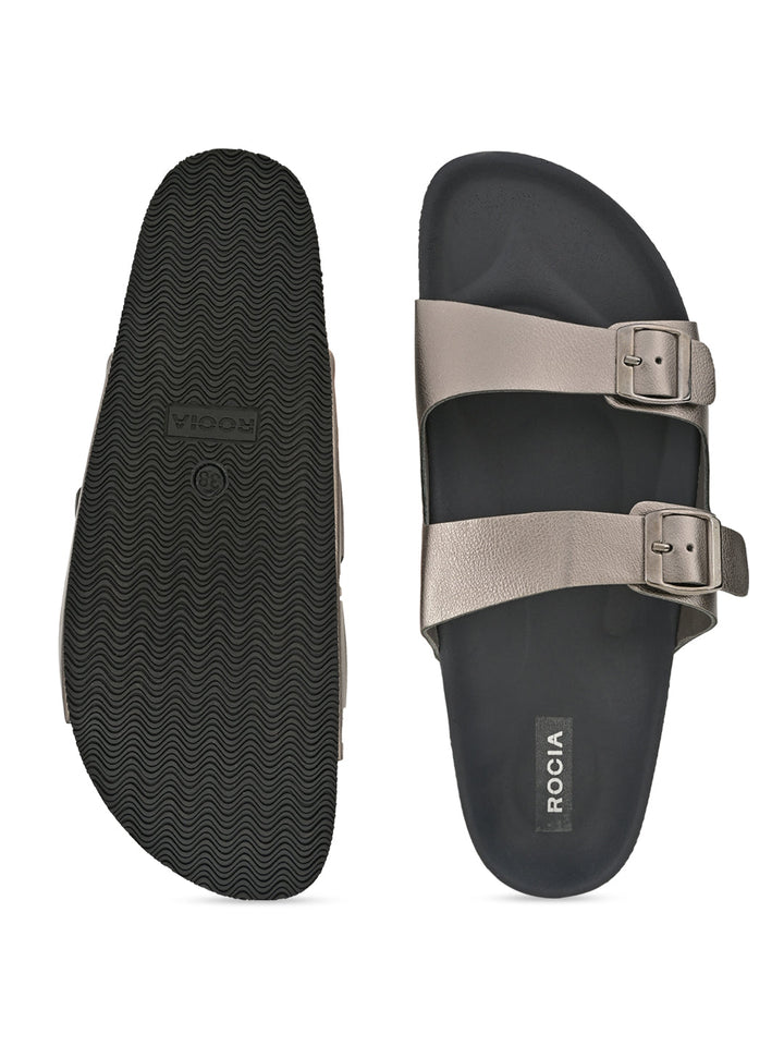 Rocia By Regal Gun Metal Women Open Toe Double Strap Flats