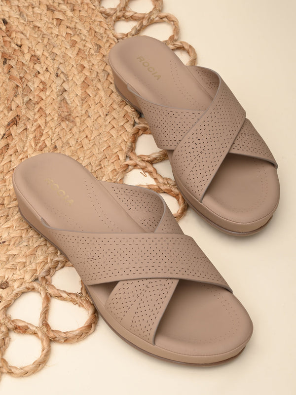 Rocia By Regal Beige Women Comfort Laser Cut Cross Strap Flats