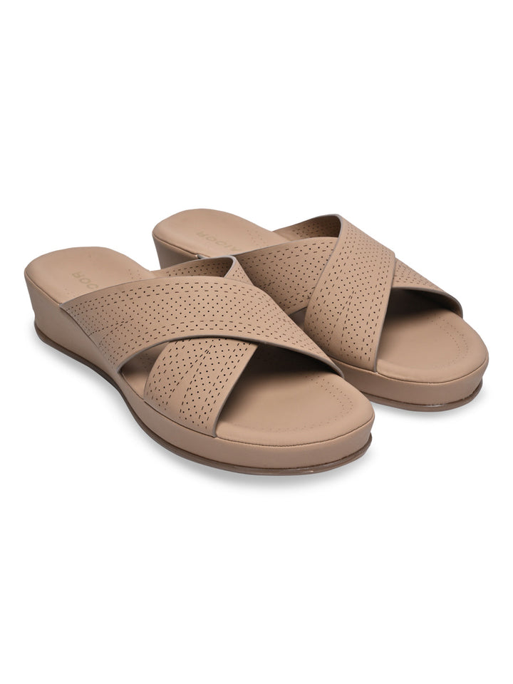 Rocia By Regal Beige Women Comfort Laser Cut Cross Strap Flats