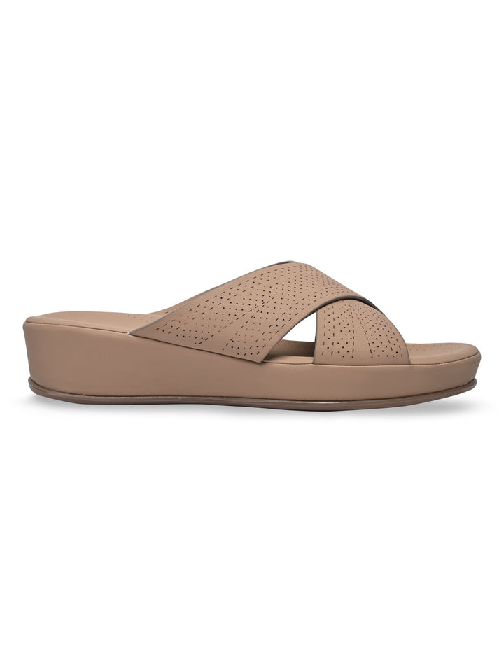 Rocia By Regal Beige Women Comfort Laser Cut Cross Strap Flats