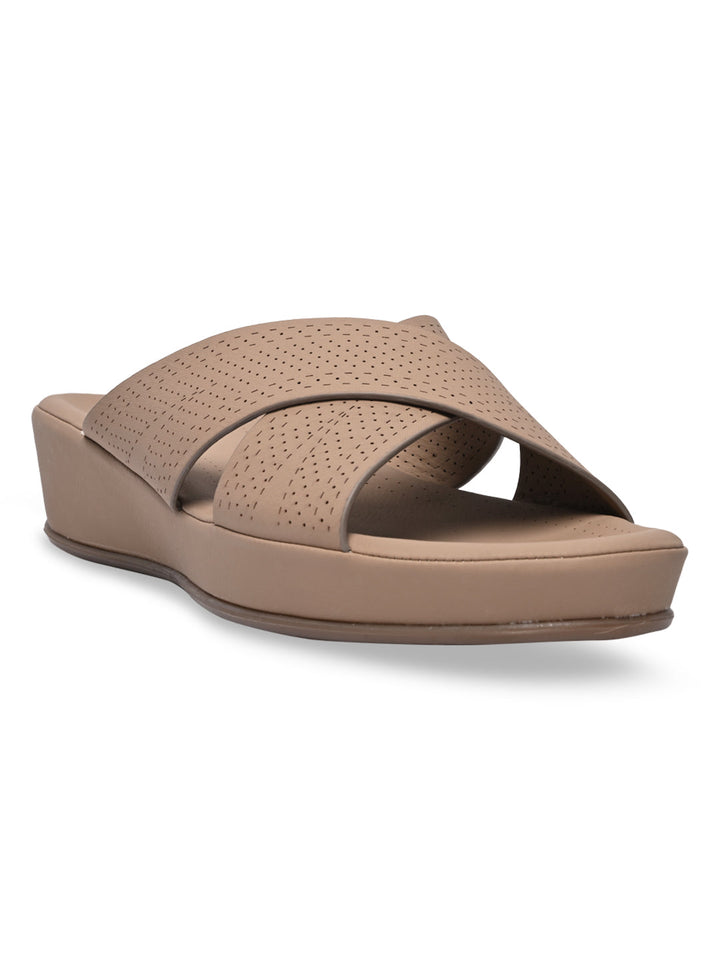 Rocia By Regal Beige Women Comfort Laser Cut Cross Strap Flats