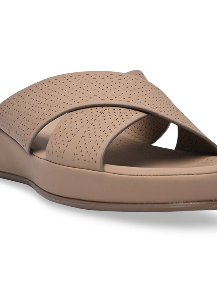 Rocia By Regal Beige Women Comfort Laser Cut Cross Strap Flats