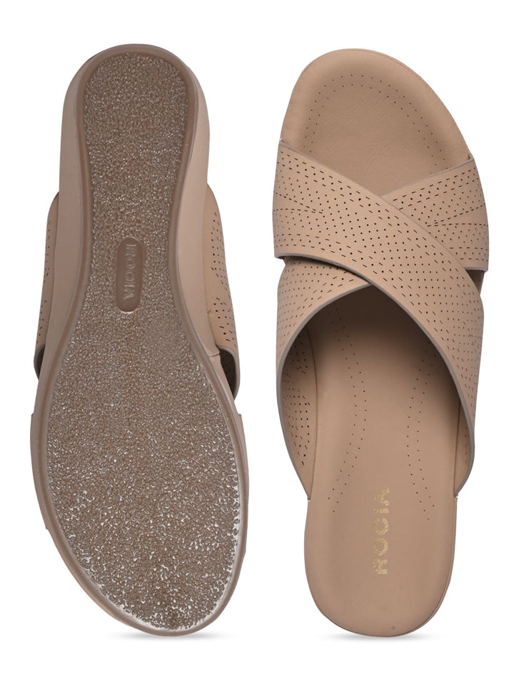 Rocia By Regal Beige Women Comfort Laser Cut Cross Strap Flats