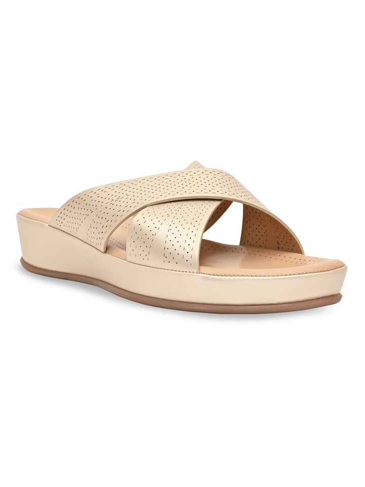 Rocia By Regal Gold Women Comfort Laser Cut Cross Strap Flats